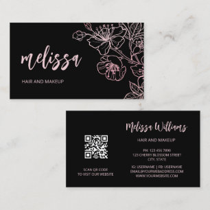 Cartão De Visita Floral Preto Cor-de-Rosa rosa Dourado Código QR
