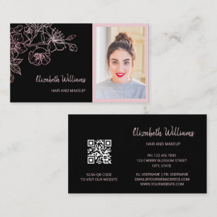 Cartão De Visita Floral Preto Cor-de-Rosa rosa Dourado   Código QR 