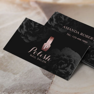 Cartão De Visita Floral preto elegante do salão de beleza