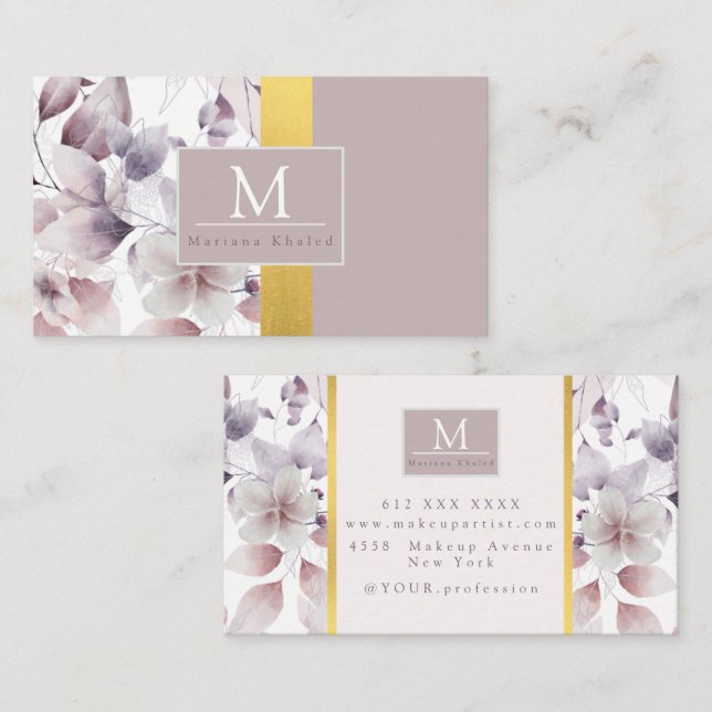 Cartão De Visita Floral Purple e gold nature monograma name (Frente/Verso)