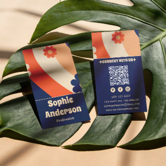Cartão de Visita Floral Retro Groovy com Código QR