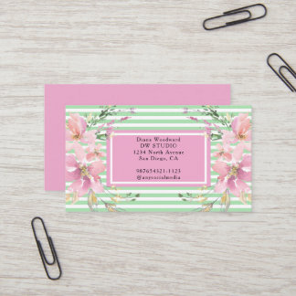 Cartão de Visita Floral Rosa e Verde Moderno