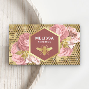 Cartão De Visita Floral Rosa Empoeirado Folha Dourada Favo de Mel A