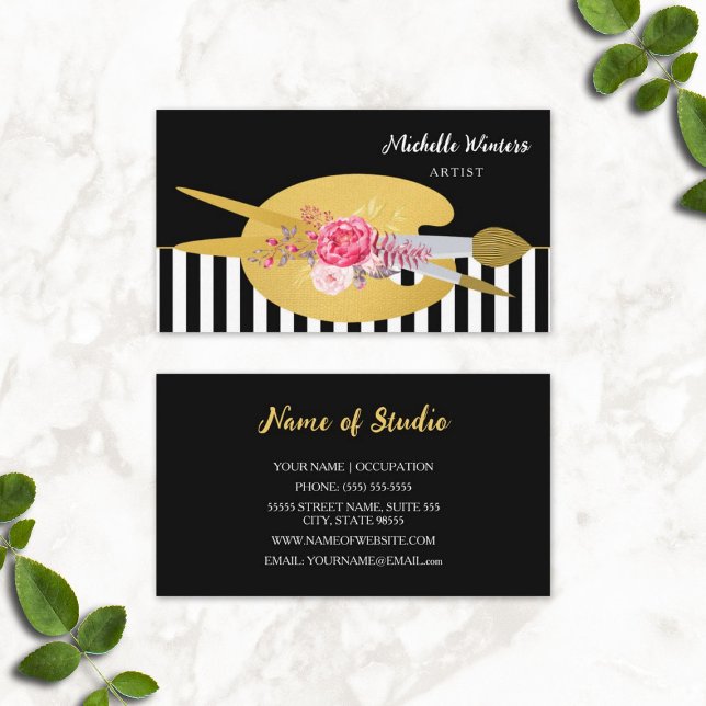 Cartão De Visita Floral Stripes Artista Com Pincel De Tinta Dourada (Floral Stripes Artist With Faux Gold Paint Brush Business Cards)