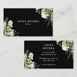 Cartão De Visita Floral Verde Aquarela Preto E Branco