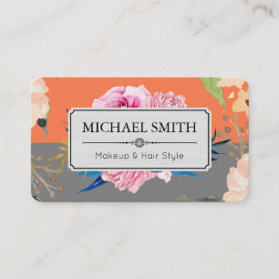 Cartão De Visita Floral Vintage Elegante Moderno Cinza Coral