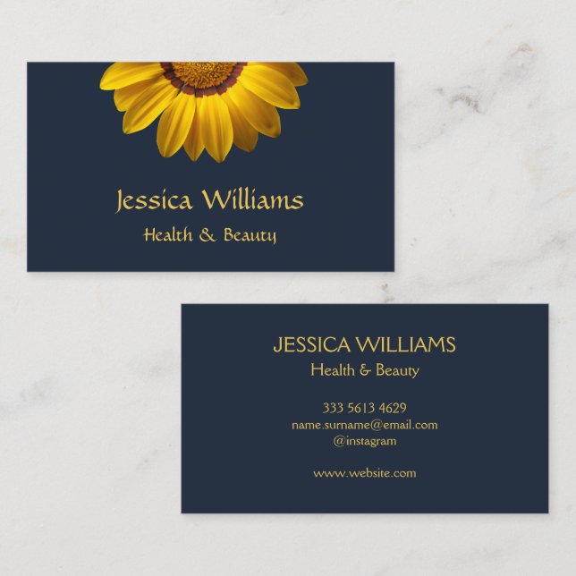 Cartão De Visita Flores amarelas no Monograma de fundo azul Marinho (Frente/Verso)