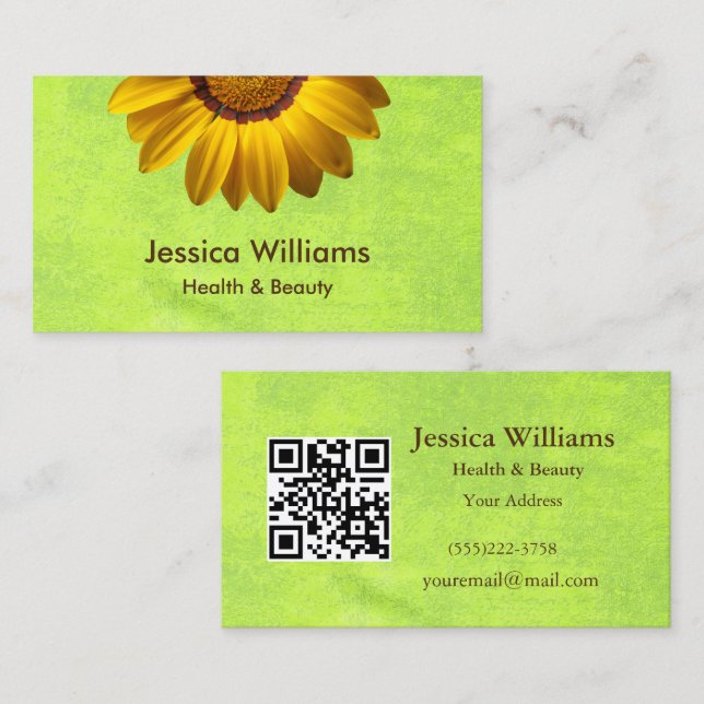 Cartão De Visita Flores Amarelas no Monograma Verde Abstrato (Frente/Verso)