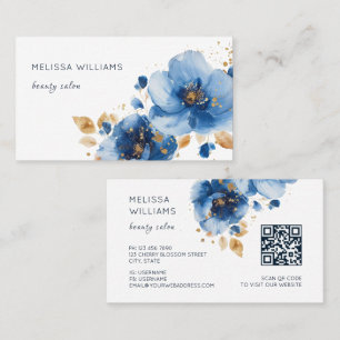 Cartão De Visita Flores Aquarela Azul Dourado