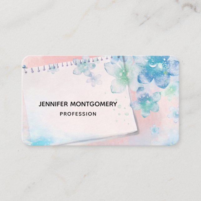 Cartão De Visita Flores Azuis bonito em Fundo Rosa (Frente)