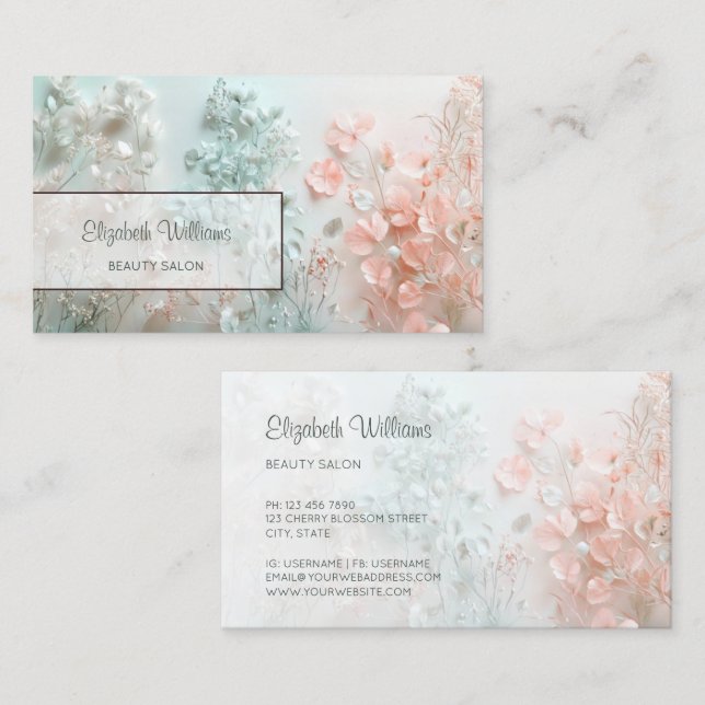 Cartão De Visita Flores Boho 3D Pastel (Frente/Verso)