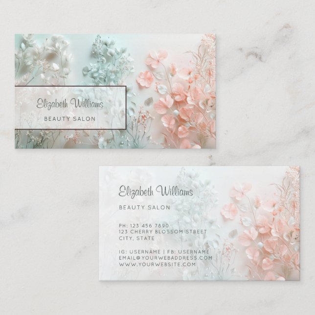 Cartão De Visita Flores Boho 3D Pastel (Frente/Verso)