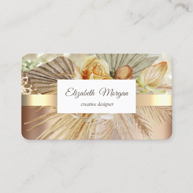 Cartão De Visita Flores Boho Faixa Dourada Elegante (Frente)