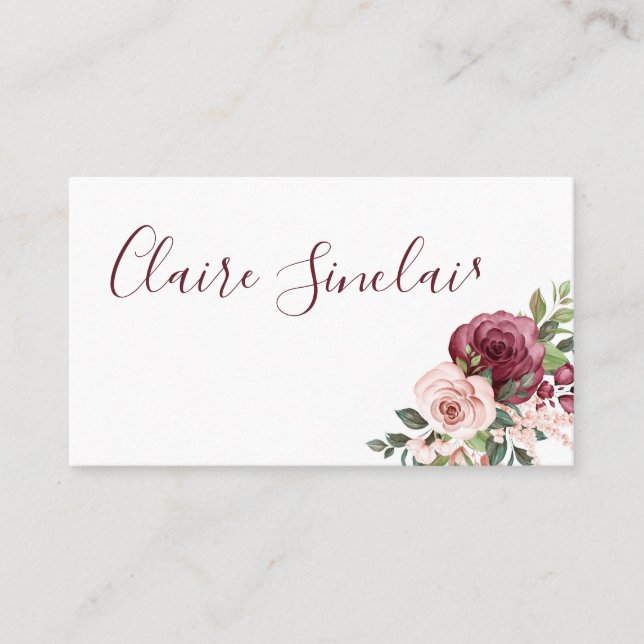 Cartão De Visita Flores bonito de Borgonha e de Aquarela Rosa (Frente)