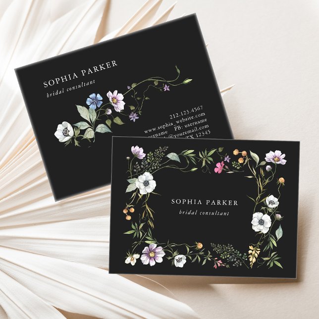 Cartão De Visita Flores Botânicas Escuras | Rapariga e Elegante (An elegant, wildflower filled business card)