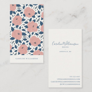 Cartão De Visita Flores Botânicas Rosa Azul Naval Boho Modernas