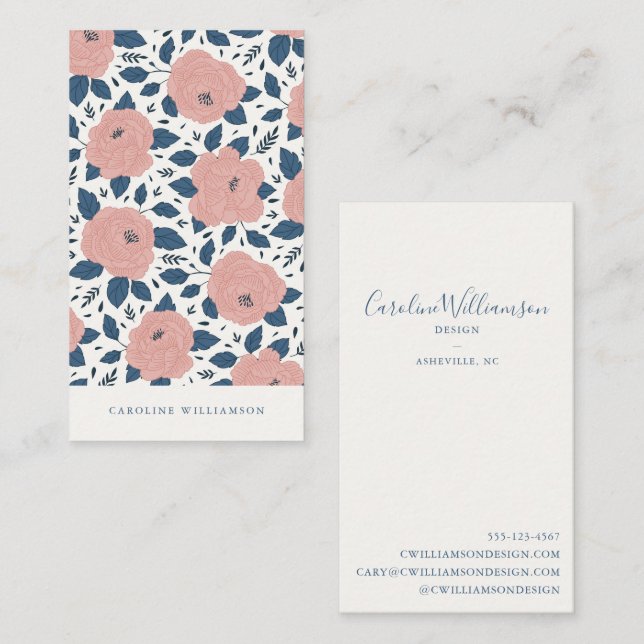 Cartão De Visita Flores Botânicas Rosa Azul Naval Boho Modernas (Frente/Verso)