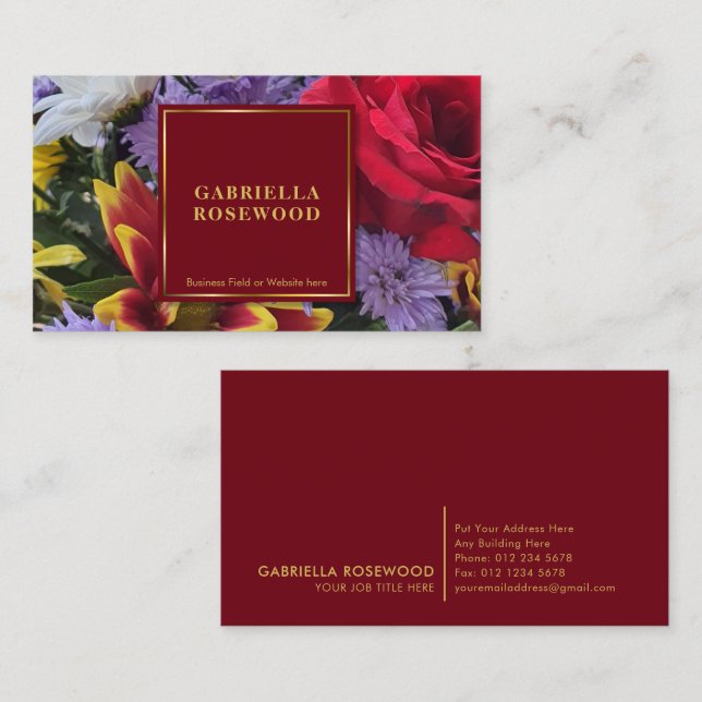 Cartão De Visita Flores com quadro Dourado quadrado vermelho (Frente/Verso)