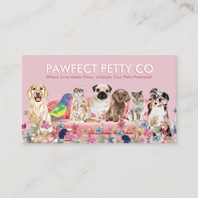 Cartão De Visita Flores de Aquarelas de Pássaros de Gatos Rosa (Frente)