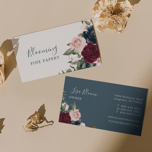 Cartão De Visita Flores de Borgonha Vermelha e Elegante Azul (Red Burgundy & Blue Elegant Watercolor Flowers Business Card)