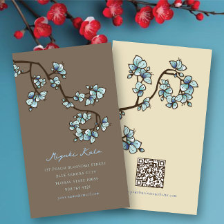 Cartão De Visita Flores de Cerejeira Elegante Chic Oriental Azul Pé