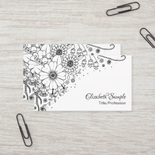 Cartão De Visita Flores de Dodle Pretas e Brancas Coloridas na Imag