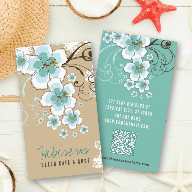 Cartão De Visita Flores De Hibisco Azul Tropicais E Russas De Rocha (Tropical Blue Hibiscus Flowers And Swirls Rustic Business Card @ fatfatin_design)