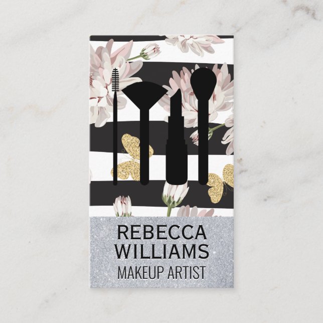 Cartão De Visita Flores e Borboletas | Configuração de Maquiagem de (Frente)