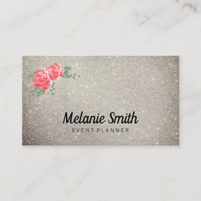 Cartão De Visita Flores Elegantes e Glitter (Frente)
