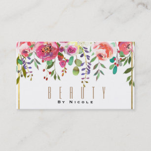 Cartão De Visita Flores Florais Aquarela Moderno Glamour Dourado