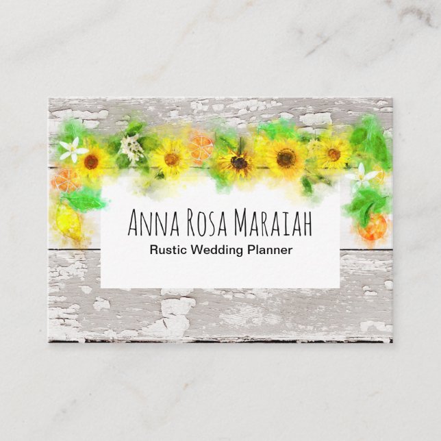 Cartão De Visita Flores Girassóis Limões Madeira velha russa (Frente)