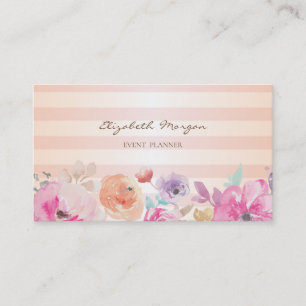 Cartão De Visita Flores Modernas Listradas em Aquarela Elegante