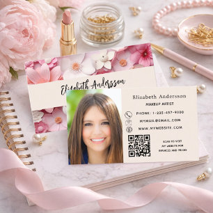 Cartão De Visita Flores rosa branco foto QR logo