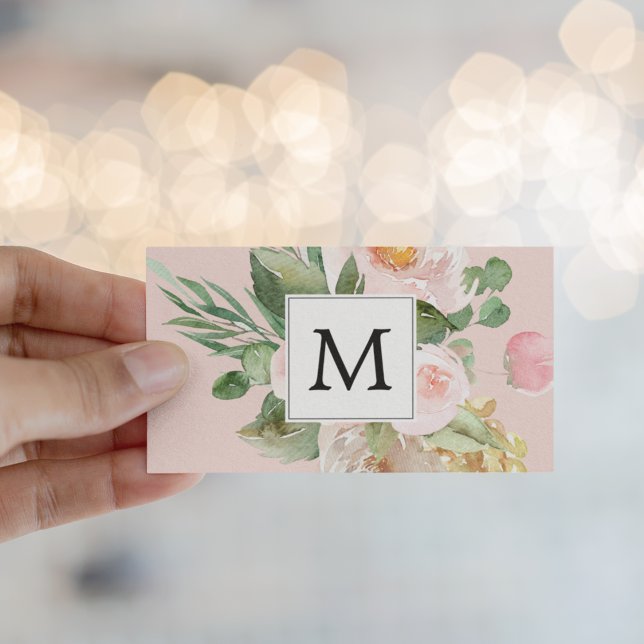 Cartão De Visita Flores Rosa Cor-de-Água Moderna Monogramadas (Criador carregado)
