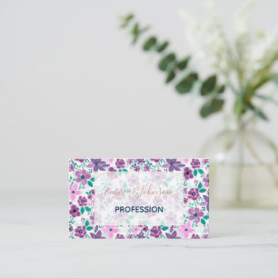 Cartão De Visita Flores Rosa e Púrpura para Impressão em Aquarela