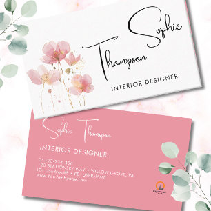 Cartão De Visita Flores rosadas, simples e elegantes, de ouro e rús