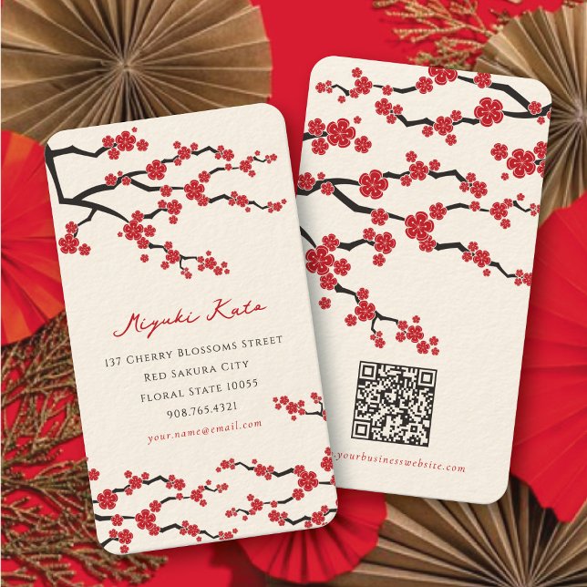 Cartão De Visita Flores Vermelhas de Sakura Modernas Flores de Cere (Elegant Red Sakura Flowers Modern Oriental Chic Cherry Blossoms Business / Profile Card @ fatfatin)