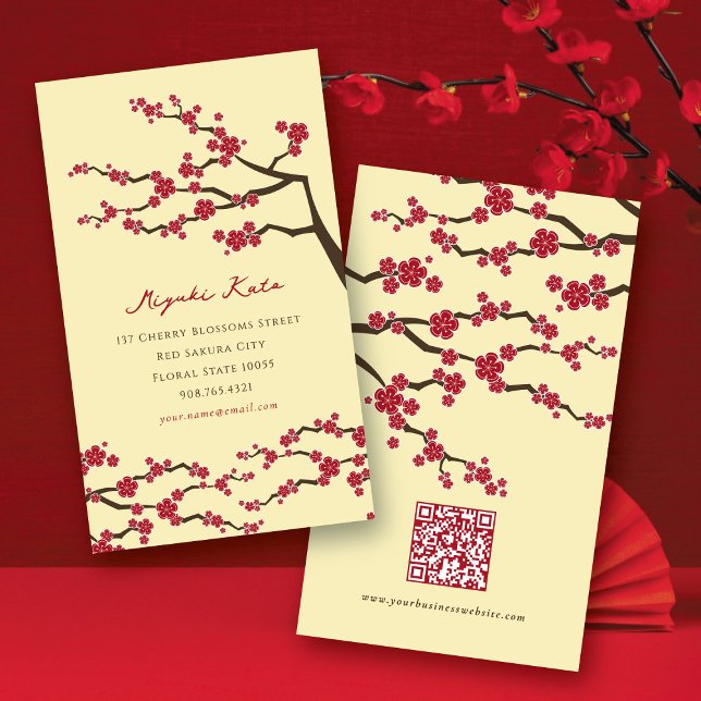 Cartão De Visita Flores Vermelhas Sakura Flores Orientais Blossomas (Red Sakura Spring Flowers Oriental Chic Asian Cherry Blossoms Business Card @ fatfatin)