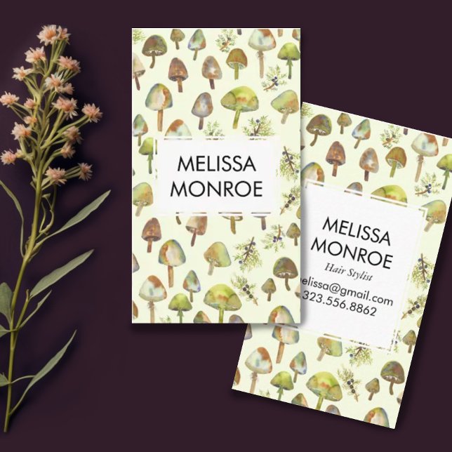Cartão De Visita Floresta de Aquarela Cogumelos Botânicos Natureza (Watercolor mushrooms pattern on this customizable business card)