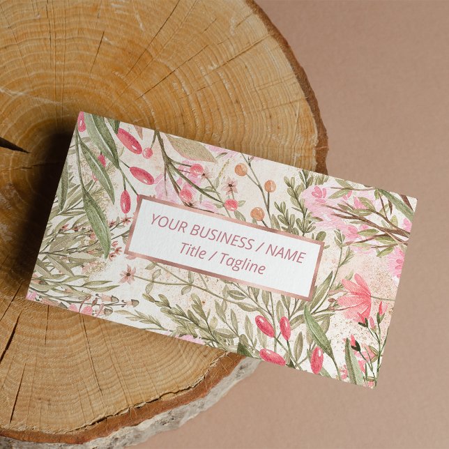 Cartão De Visita Floresta verde-aquosa de coral-rosa-reluzente (Blush pink coral forest green watercolor floral bu business card)