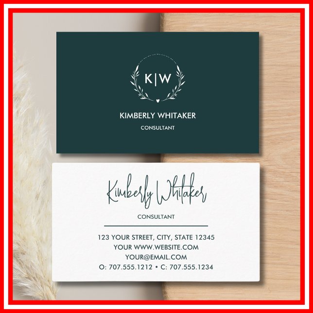 Cartão De Visita Floresta Verde e Branco | Monograma de Iniciais Mo (Criador carregado)