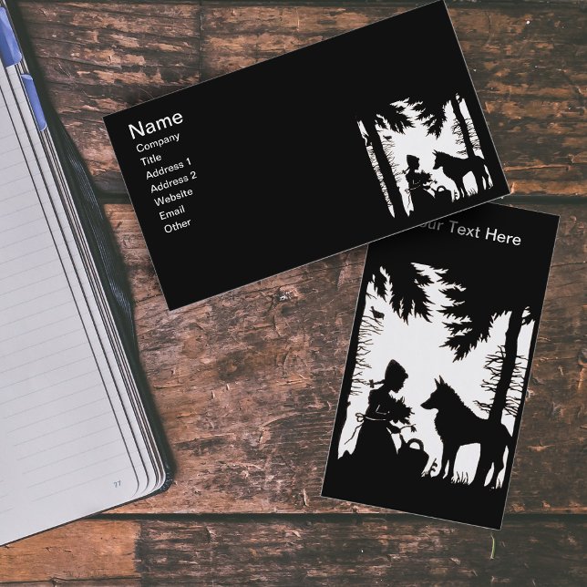Cartão De Visita Florestas de Lobo de Capuchos Vermelho-Silhueta Pr (Black silhouette on white Little Red Riding Hood in woods with wolf on business cards.)