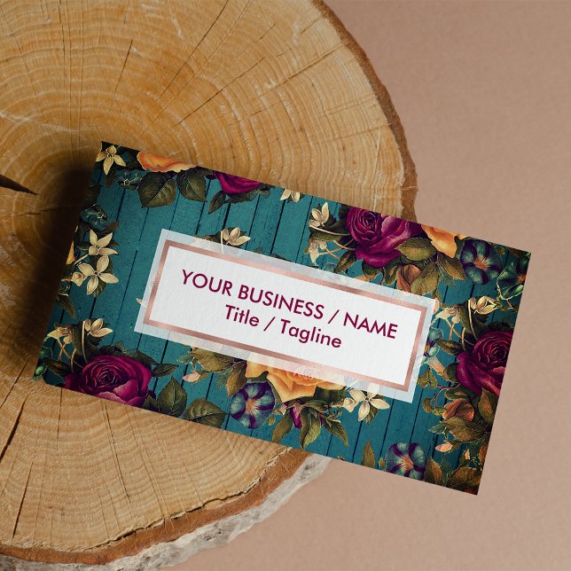 Cartão De Visita Flórida de madeira azul-vinda-azul-marrom-burgundy (Vintage blue green wood coral burgundy floral )