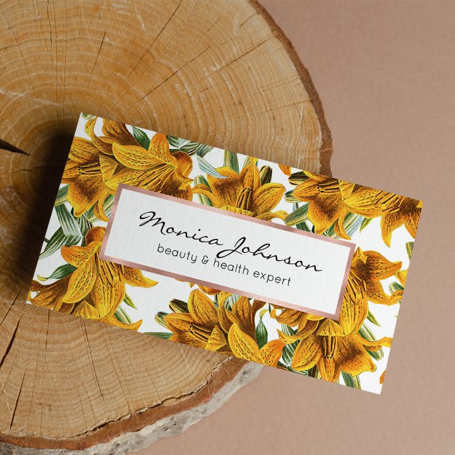 Cartão De Visita Flórida verde-lírio-verde-rústico-botânico (Botanical rustic orange green lily trendy floral)