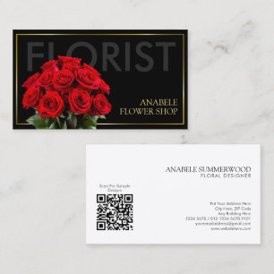 Cartão De Visita Florista de Quadro Dourado Preto Elegante com Rosa