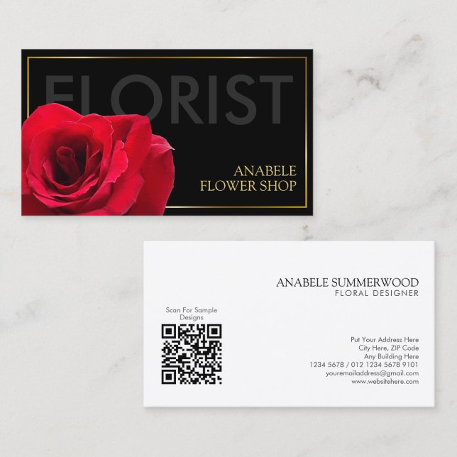 Cartão De Visita Florista de Quadro Dourado Preto Elegante com Rosa (Frente/Verso)