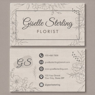 Cartão De Visita Florista Floral Bege Lino Arte de Linha Floral