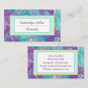 Cartão De Visita Fluido mármico roxo, Dourado e azul