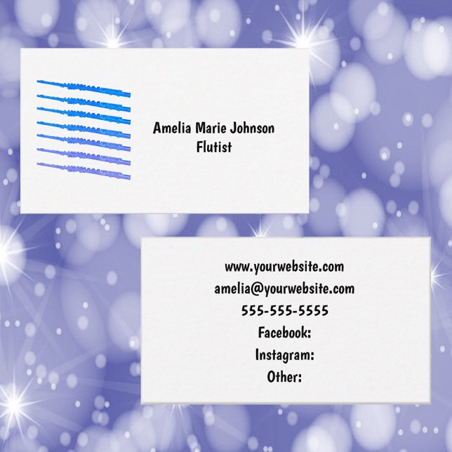 Cartão De Visita Flute Blue Personalize (A business card with text you can personalize with a pattern of blue flutes.)