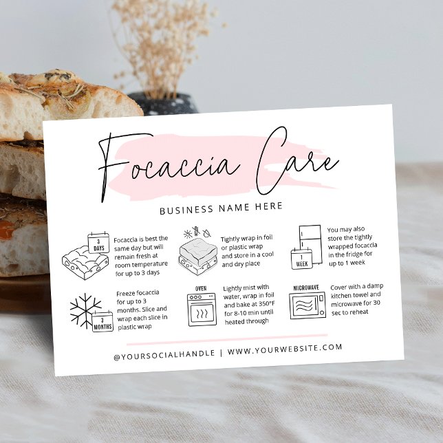 Cartão De Visita Focaccia Care Instruções Pink Watercolor Bread (Modern focaccia care cards with icons, modern script font and pink watercolor and your logo)
